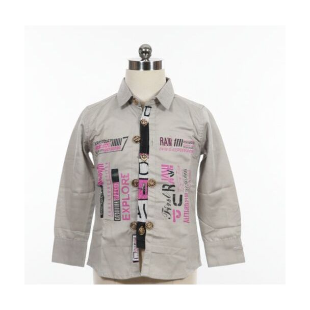 Light grey beige boys shirt with hot pink and black graphic text print and gold buttons