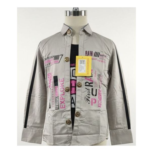 Light taupe collared shirt with black and pink graphic prints and sleeve stripes