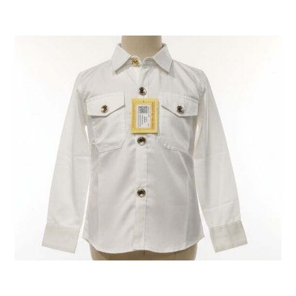 Pure white cotton long-sleeve collared shirt with gold-toned buttons on mannequin