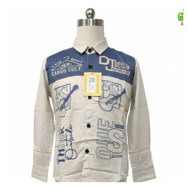 Beige and blue graphic print cotton shirt with long sleeves and collar on mannequin.