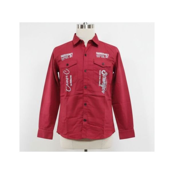 Deep red cotton long-sleeve men's collared shirt with white graphic prints and chest pockets