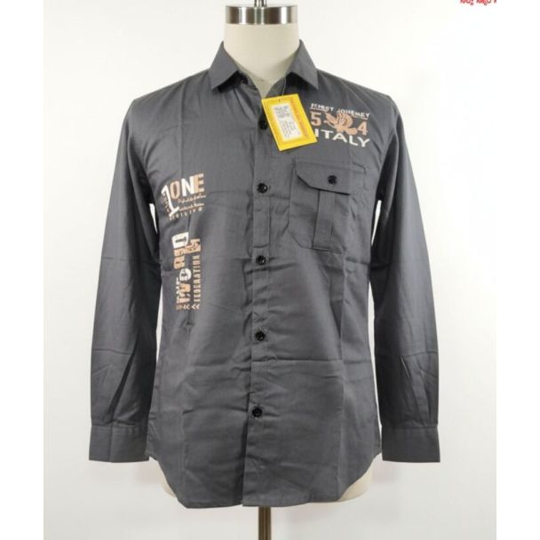 Dark gray long sleeve collared shirt with bronze graphic prints on mannequin