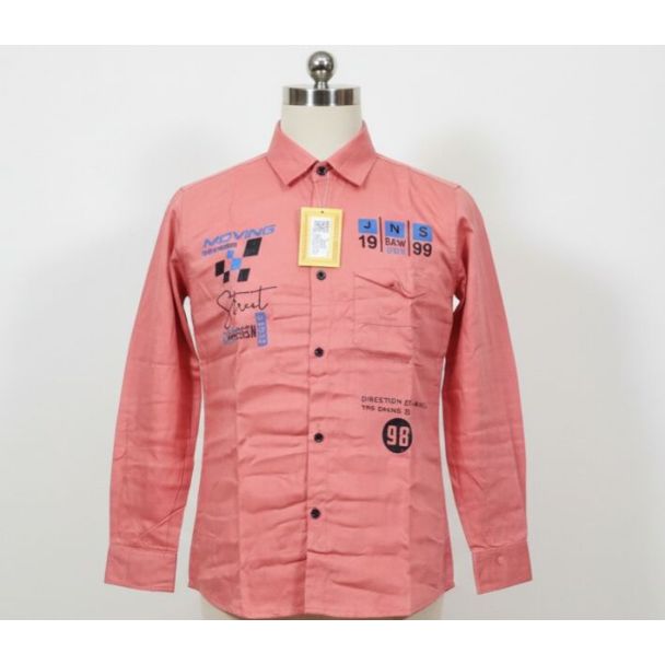 Salmon pink full sleeve graphic print men's casual shirt on mannequin