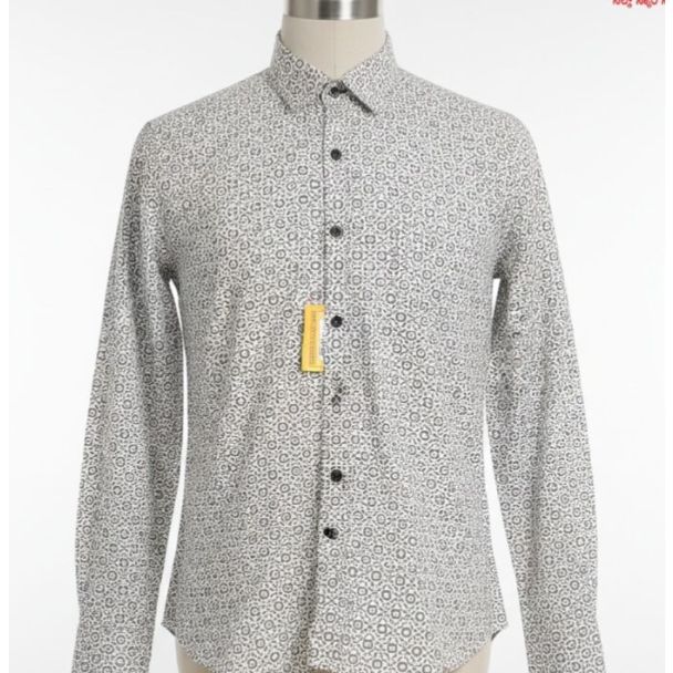White shirt with gray geometric micro-pattern, long sleeves and button-down style for men.