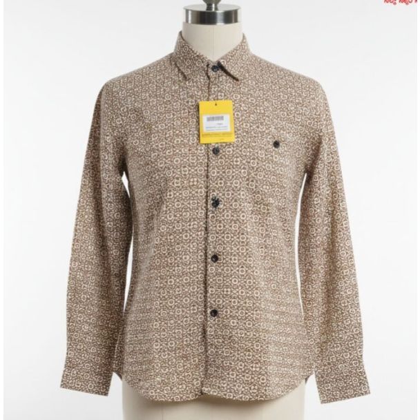 Brown cotton shirt with a geometric pattern, long sleeves, and a button-down collar.