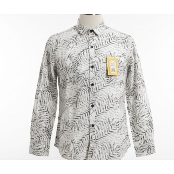 White shirt with large black and grey leaf print, long sleeves and button down collar.