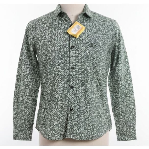 Dark green men's button-down shirt with a small floral print, long sleeves, and a collar.