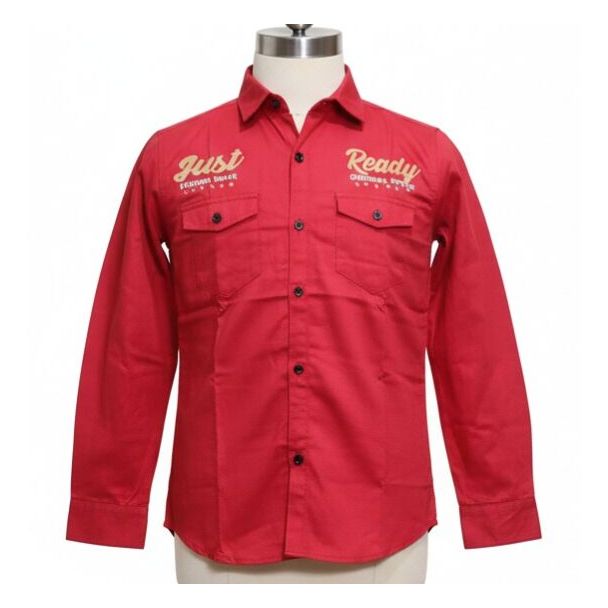Red cotton button-down shirt with gold embroidery and dual chest pockets