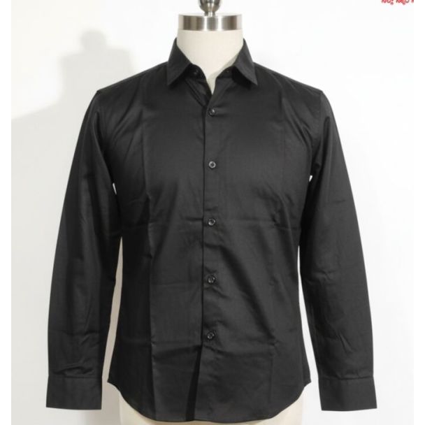 Black cotton full sleeve collared shirt with button-down front on a mannequin.