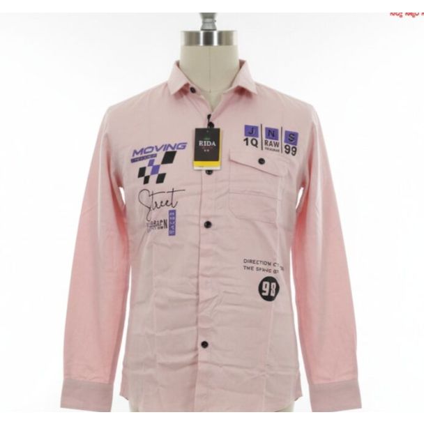 Light pink cotton full sleeve shirt with black and purple typography graphics