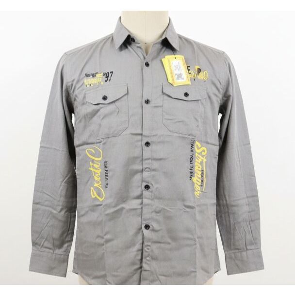Gray cotton long-sleeve shirt with two chest pockets, a button-down front, and yellow text.
