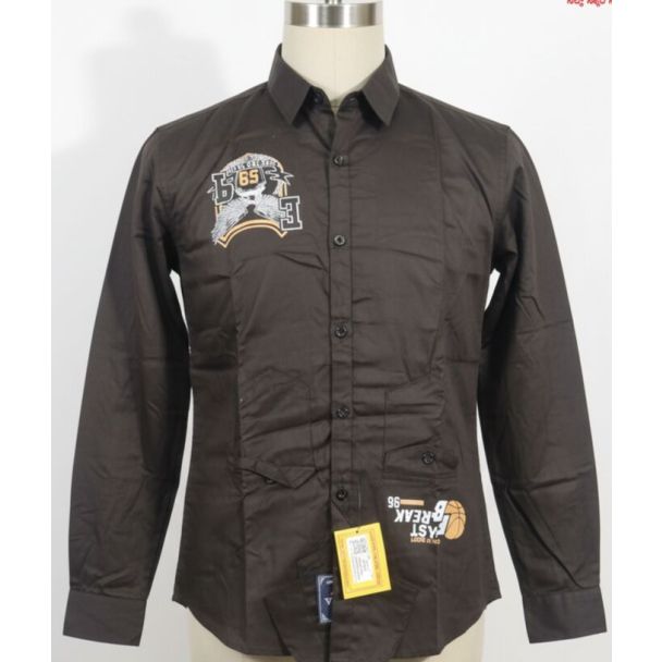 Dark brown button-down shirt with long sleeves, embroidered details, and a classic collar.