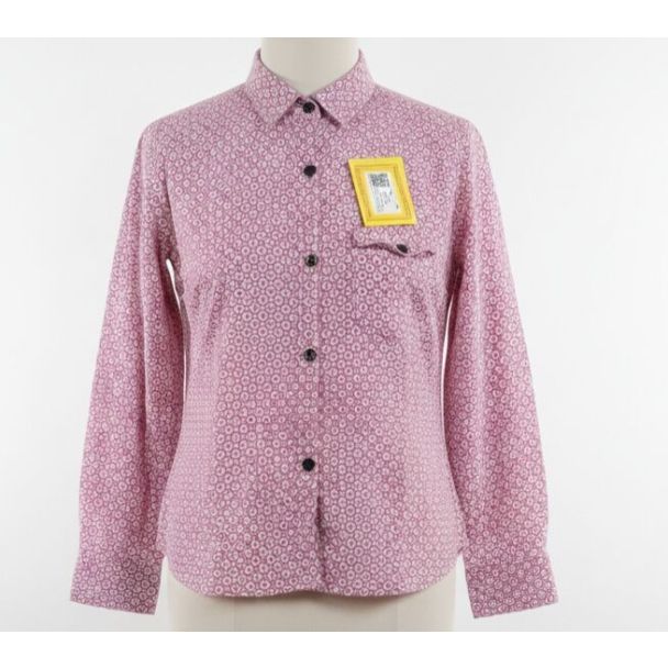 Dusty rose cotton shirt with a white floral pattern, long sleeves, and a classic button-down design.