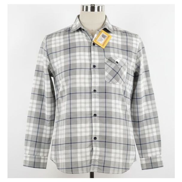Grey and white plaid long sleeve button-down shirt displayed on a mannequin