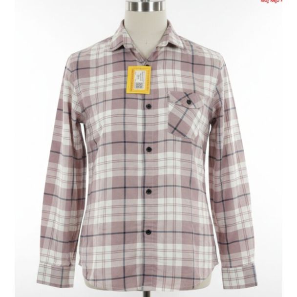 Mauve and white plaid cotton shirt with long sleeves and a collar neckline.