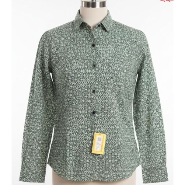 Dark green cotton shirt with a geometric pattern, long sleeves, and a collar.