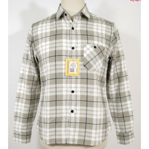 Cream and white plaid cotton long sleeve shirt with button-down closure and collar