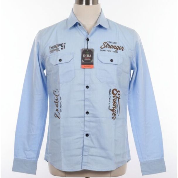 Light blue men's button-down shirt with long sleeves and graphic text accents on the front.