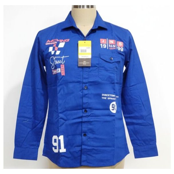 Royal blue shirt with white graphic prints, long sleeves and button down front. Features a collared neckline and number 91 print.