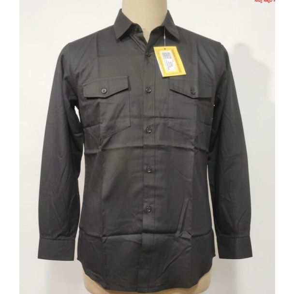 Dark gray long-sleeve button-up shirt with two buttoned flap pockets on the chest