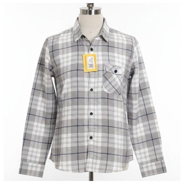 Gray and white plaid flannel shirt with a button-down collar and front pocket on a mannequin