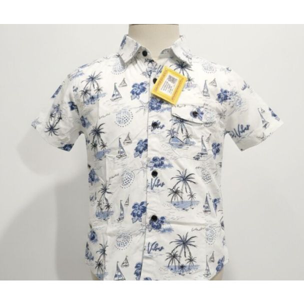 White button-down shirt with a tropical print featuring palm trees, boats and blue floral accents.