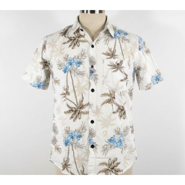 White short-sleeved button-up shirt with tropical palm tree and floral print