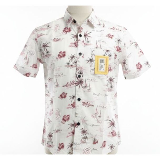 White cotton shirt with short sleeves and a tropical print of palm trees and sailboats.