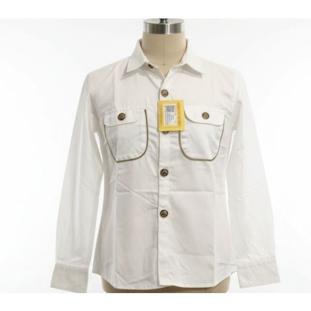 White cotton long-sleeve collared shirt with chest pockets and gold trim detail.
