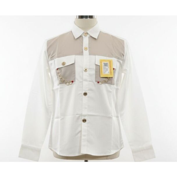 White and beige long sleeve button-up shirt with gold buttons and chain detail