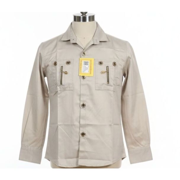 Beige utility style button-down shirt with long sleeves and gold zipper details on mannequin.
