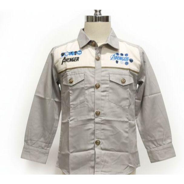 Light grey long-sleeved button-up shirt with contrast yoke and blue embroidery
