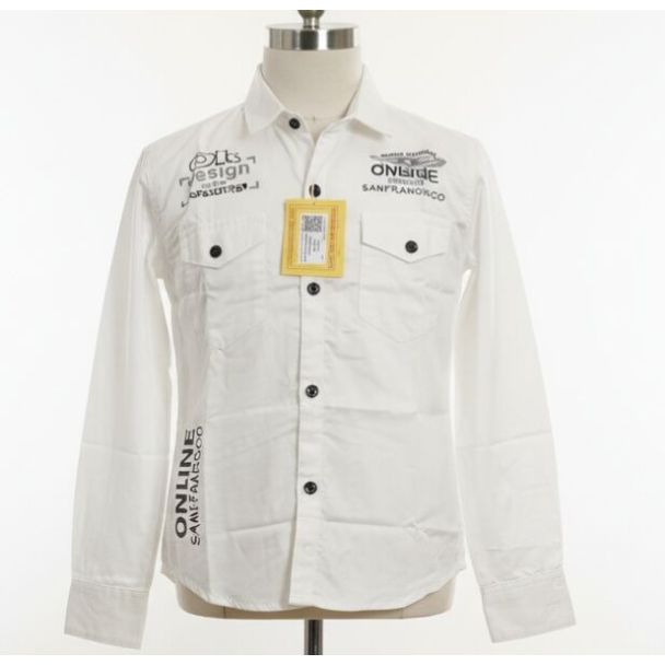 White long sleeve cotton shirt with black graphic print and chest pockets