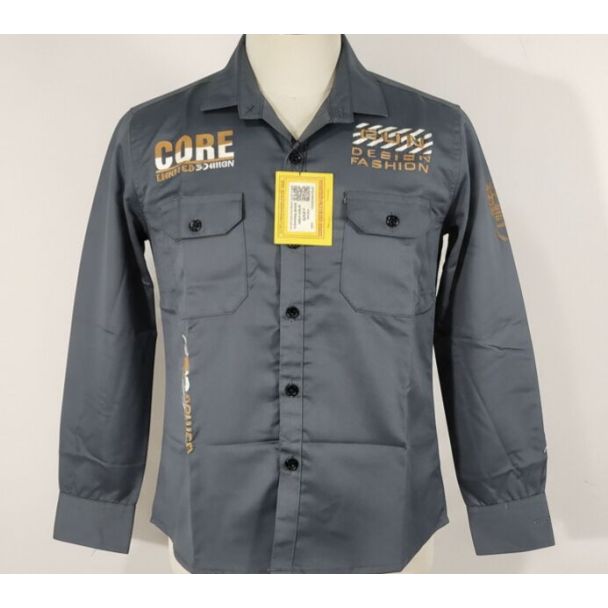 Charcoal grey men's shirt with button-up closure, long sleeves, and chest pockets