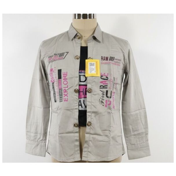 Light grey men's button-down shirt with black and pink graphic print and long sleeves