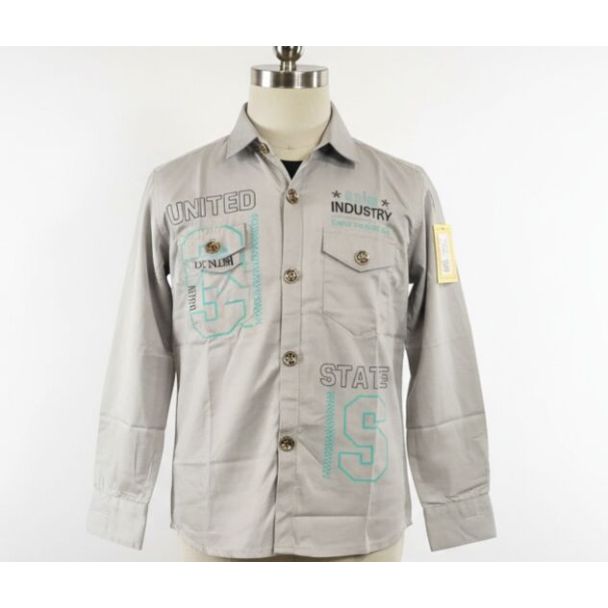Gray cotton shirt with text graphic, button-up style and long sleeves.