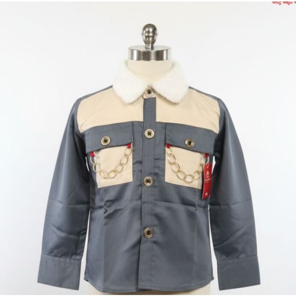 Grey and beige color block shirt with chain details and plush collar