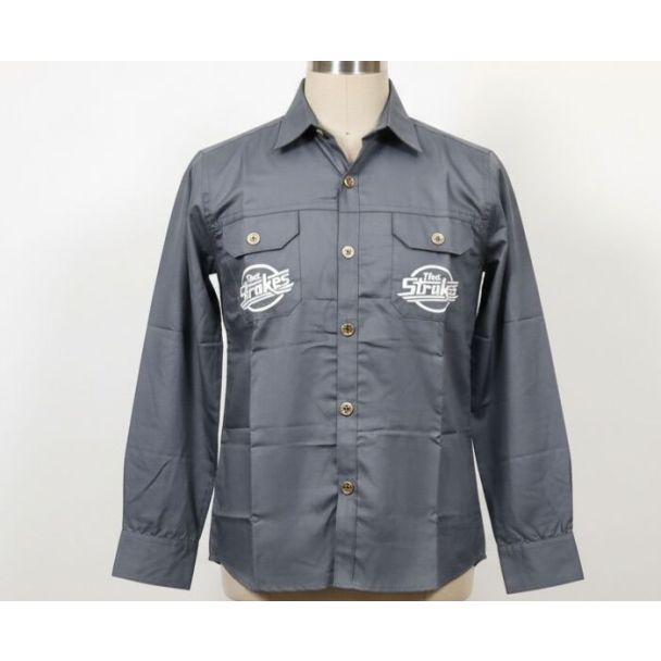 Charcoal grey long sleeve collared cotton work shirt with chest pockets and graphic print