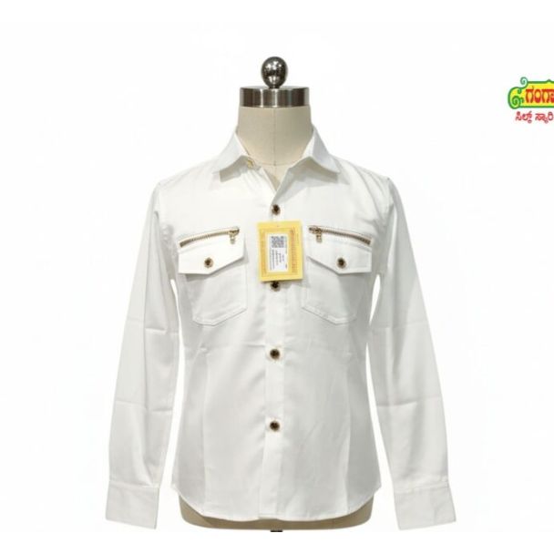Men's crisp white full-sleeve collared shirt with gold zipper chest pockets on a mannequin.