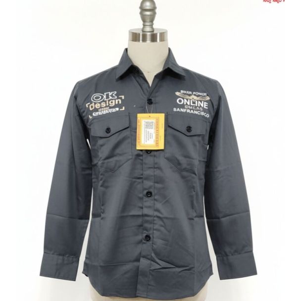 Dark gray long sleeve button-down shirt with white embroidery and black buttons