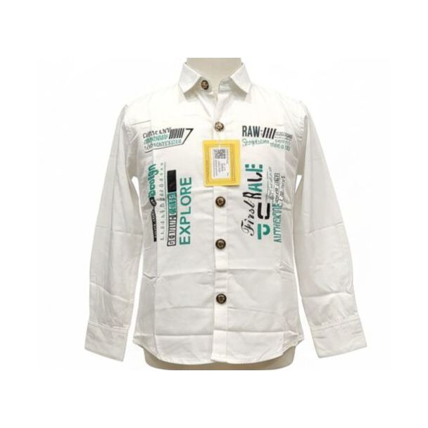 White cotton shirt with graphic text print, long sleeves and a collared neckline.