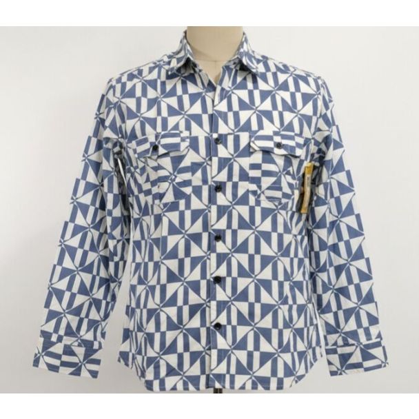 A man's shirt with a geometric pattern in blue and white, with long sleeves and a collar.