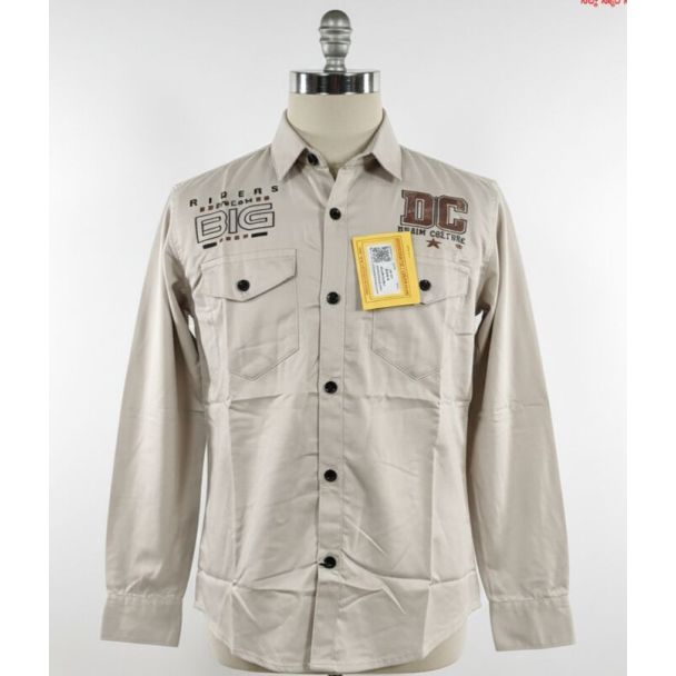 Beige cotton shirt with long sleeves and a collar, button-down front