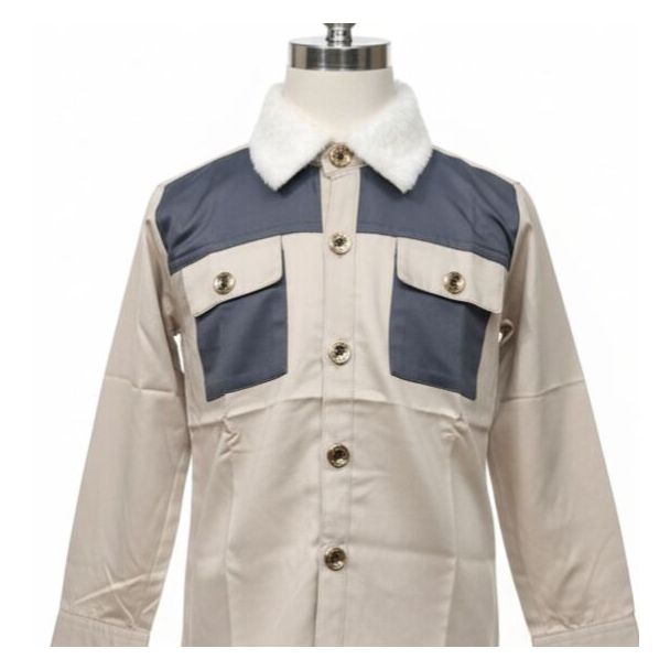 Beige and grey color block cotton shirt with white fur collar and golden buttons