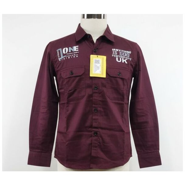 Maroon cotton shirt with long sleeves, collar, chest pockets, and a casual style.