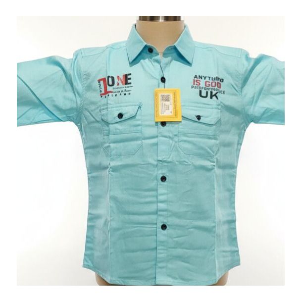 Light blue cotton collared shirt with full sleeves and chest pockets