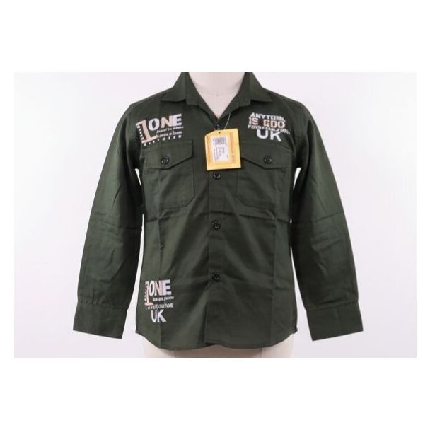 Olive green cotton shirt with white graphic prints, collared neckline, and long sleeves.