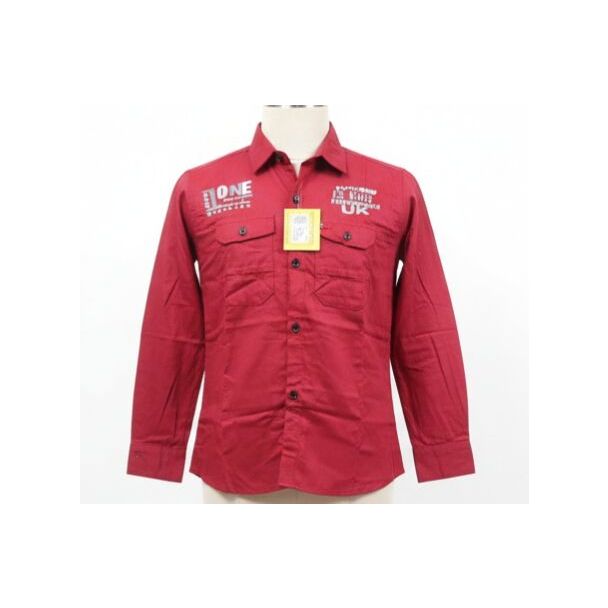 Deep red cotton button-down shirt with long sleeves and chest graphics