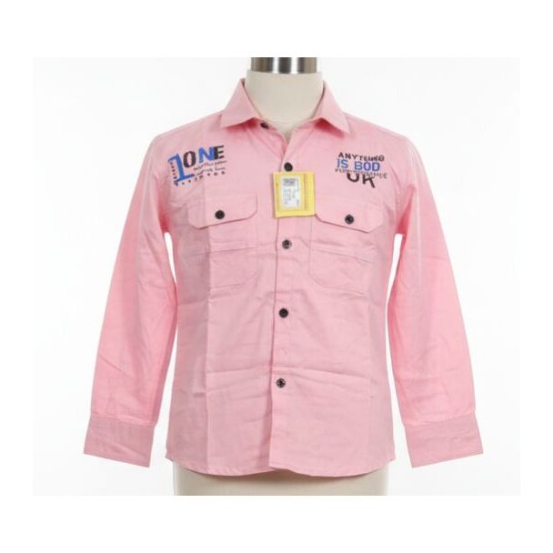 Pink cotton long-sleeve casual shirt with black buttons and blue text print.