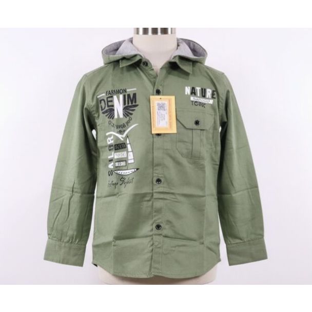 Olive green children's long-sleeve button-up shirt with black graphics and a grey hood.